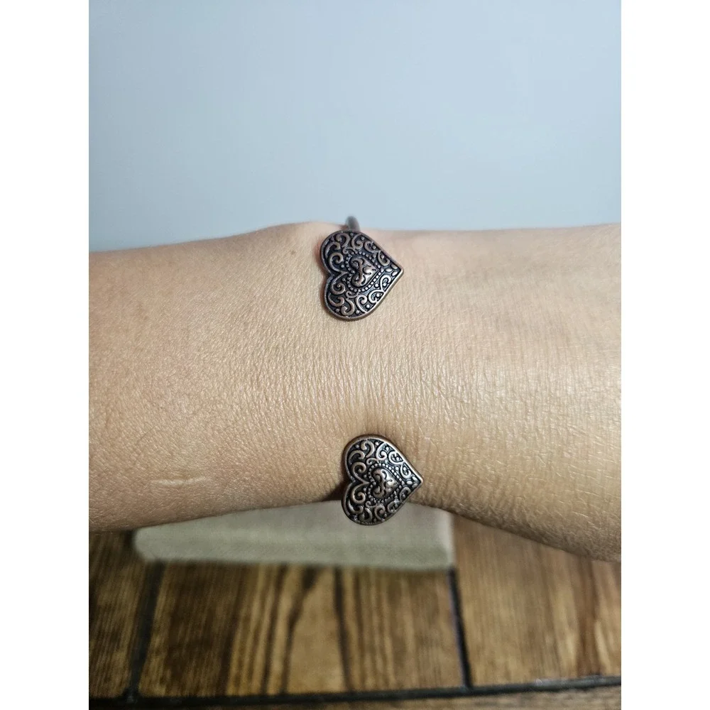 Antique Copper Filigree Double Heart Open Cuff Bangle Bracelet